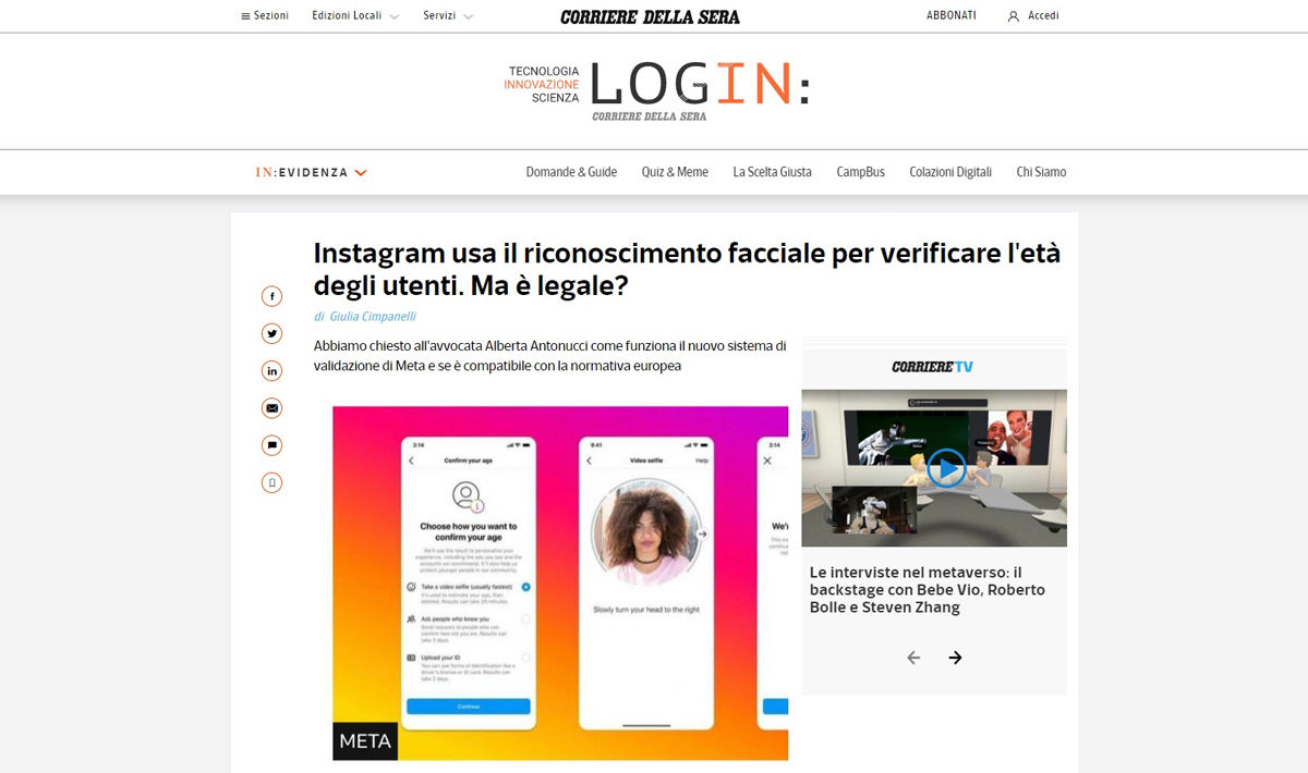 Intervista al Corriere della Sera: Instagram usa il riconoscimento facciale per verificare l'età degli utenti. Ma è legale?